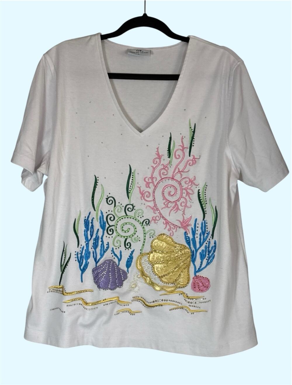 90s Colorful Seashell Embellished Top XL Ocean Sea Puffy Paint Handmade Look
